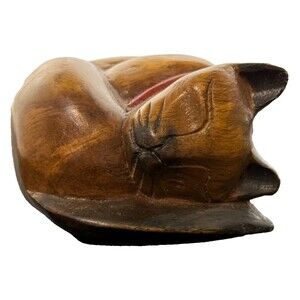 Wood Siamese Cat Curled Up Sleeping Wooden Hand Carved Figurine Thai Folk Art
